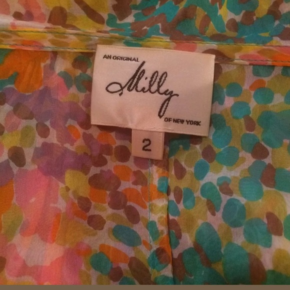 Original MILLY New York Silk Ruffle Blouse Colorful Peplum Top Shirt Pink Orange - Picture 9 of 10